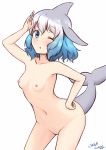  1girl ;o absurdres blowhole blue_eyes blue_hair breasts collarbone commentary common_bottlenose_dolphin_(kemono_friends) contrapposto cowboy_shot dolphin_tail dorsal_fin eyebrows_visible_through_hair gradient_hair grey_hair hand_on_hip hand_up highres kemono_friends looking_at_viewer multicolored_hair navel nipples nude one_eye_closed open_mouth pussy shiraha_maru simple_background small_breasts solo white_background 