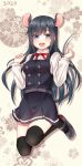 1girl 2020 :d animal_ear_fluff animal_ears asashio_(kantai_collection) bangs black_dress black_hair black_legwear blue_eyes blush breasts brown_background chinese_zodiac collared_shirt commentary_request dress dress_shirt eyebrows_visible_through_hair floral_background full_body grey_footwear hair_between_eyes hanazome_dotera hands_up jewelry kantai_collection kemonomimi_mode long_hair long_sleeves looking_at_viewer medium_breasts mouse_ears mouse_girl mouse_tail nail_polish neck_ribbon open_mouth pinafore_dress pink_nails red_ribbon remodel_(kantai_collection) ribbon ring school_uniform shirt shoes sleeveless sleeveless_dress smile solo tail thighhighs upper_teeth very_long_hair wedding_band white_shirt year_of_the_rat 
