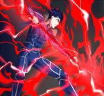  1boy blue_hair bodysuit cu_chulainn_(fate)_(all) earrings electricity fate/stay_night fate_(series) fighting_stance gae_bolg highres jewelry lancer male_focus pauldrons polearm ponytail solo spear weapon ycco_(estrella) 