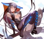  1girl bangs black_gloves black_hair black_legwear black_panties blue_eyes blunt_bangs blurry breasts cleavage depth_of_field elbow_gloves fate/grand_order fate_(series) full_body gloves halo hand_on_own_chest happytreefriendspikapika headgear highres large_breasts long_hair panties parted_lips sitting solo thighhighs underboob underwear very_long_hair weibo_username yang_guifei_(fate/grand_order) 
