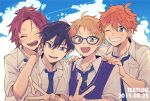  4boys akehoshi_subaru bangs_pinned_back black_hair blonde_hair blue_eyes closed_eyes double_v ensemble_stars! green_eyes hidaka_hokuto isara_mao male_focus multiple_boys necktie one_eye_closed orange_hair pink_hair school_uniform short_hair smile v yumenosaki_school_uniform yuuki_makoto_(ensemble_stars!) 