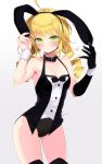  1girl 3: ahoge animal_ears armpits arms_up bare_shoulders black_gloves black_leotard blonde_hair breasts bunny_ears buttons cleavage collar collarbone cowboy_shot drill_hair fake_animal_ears gloves green_eyes hairband halterneck highres leotard long_hair looking_at_viewer original sasahara_wakaba single_glove small_breasts solo thighhighs thighs twin_drills wrist_cuffs 