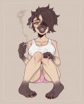  2020 anthro black_hair blush breasts canid canine canis cigarett clothed clothing dawg digital_media_(artwork) domestic_dog female fingers fur green_eyes hair hi_res looking_at_viewer mammal nowicantalk open_mouth simple_background smile smoke smoking solo topwear white_body white_fur 