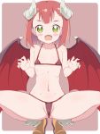  1girl bikini blue_bikini blush blush_stickers breasts brown_footwear cameltoe collarbone demon_girl demon_horns demon_wings endro! fangs green_eyes groin horns looking_at_viewer mak066 mao_(endro!) micro_bikini navel open_mouth red_hair shiny shiny_hair shoes short_hair simple_background small_breasts smile solo spread_legs swimsuit swimwear tongue wings 