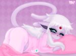  bedding blanket blue_eyes blush clothing eeveelution espeon female fur nintendo pajamas pok&eacute;mon pok&eacute;mon_(species) purple_body purple_fur razplus solo video_games young 