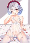  1girl absurdres bangs bare_arms bare_shoulders bed_sheet blood blood_from_mouth bloody_clothes blue_bow blue_hair bow commentary_request cross dress eyebrows_visible_through_hair fangs flower garter_belt gradient_hair hair_between_eyes hair_flower hair_ornament hand_up head_tilt highres honkai_(series) honkai_impact_3rd looking_at_viewer multicolored_hair nipples no_shoes open_mouth petals pussy qunqing red_eyes red_flower red_rose rose see-through silver_hair sitting sleeveless sleeveless_dress solo theresa_apocalypse thighhighs wariza white_legwear 