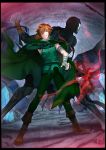  2boys back-to-back bandaged_arm bandages black_skin bow_(weapon) cape cave claws crossbow fate/extra fate/stay_night fate_(series) glowing glowing_hand green_cape green_eyes hair_over_one_eye highres mask multiple_boys orange_hair robin_hood_(fate) skull_mask spiked_hair true_assassin weapon ycco_(estrella) zabaniya_(fate) 