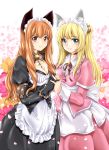  2girls :d alternate_costume animal_ear_fluff animal_ears apron bell black_corset black_dress blonde_hair blue_eyes blurry blurry_background blush bow breasts brown_hair buttons cat_ears cat_girl cleavage collar corset cross dress enmaided eyebrows_visible_through_hair fingernails flower frilled_apron frilled_shirt frilled_shirt_collar frills gloves hair_between_eyes highres holding_hands long_hair looking_at_viewer maid maid_apron maid_dress maid_headdress multiple_girls open_mouth original pink_dress puffy_sleeves red_collar red_eyes shirt sidelocks sleeve_cuffs smile teeth tomoya_kankurou waist_apron 