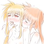  blonde_hair breasts cleavage collarbone fate_testarossa finger_in_mouth kerorokjy kiss long_hair lowres lyrical_nanoha mahou_shoujo_lyrical_nanoha mahou_shoujo_lyrical_nanoha_a&#039;s moaning neck neck_kiss nude orange_hair red_eyes saliva simple_background sweat takamachi_nanoha very_long_hair white_background yuri 