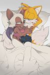  2_tails anthro anthro_on_anthro bed big_breasts blush boxers_(clothing) breast_squish breasts canid canine chest_tuft chiropteran cleavage clothed clothing cuddling female fox furniture hand_behind_head hi_res lying male male/female mammal miles_prower multi_tail one_eye_closed r18 rouge_the_bat shirt smile sonic_the_hedgehog_(series) squish thong topwear tuft underwear wings 