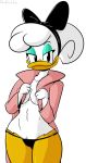  2019 anatid anseriform avian beak bird bow breasts clothing coat covering covering_breasts daisy_duck davidsanchan disney duck ducktales_(2017) eyeshadow female jacket looking_at_viewer makeup mostly_nude simple_background solo thong topwear trenchcoat underwear white_background 