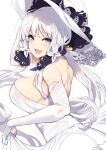 1girl azur_lane bangs blue_eyes blush breasts cleavage commentary_request dress elbow_gloves eyebrows_visible_through_hair gloves hair_ornament hair_ribbon hat highres illustrious_(azur_lane) large_breasts long_hair looking_at_viewer mole mole_under_eye ribbon smile solo white_dress white_gloves white_hair yappen 