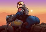  1girl armor ass back backboob backpack bag bald blaz_b._aros blazbaros bodysuit breast_press breasts desert elbow_pads fair_skin forehead_ridges genestealer goggles goggles_on_head ground_vehicle gun handgun high_collar holstered_weapon huge_ass huge_breasts imperium_of_man motor_vehicle motorcycle pistol purple_eyes purple_lips seductive_smile sideboob smile thick_thighs thighs warhammer_40k weapon wide_hips 