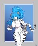  anthro breasts digital_media_(artwork) felid feline female fur hair hi_res invalid_tag kascz mammal nipples nude pantherine simple_background solo striped_body striped_fur stripes teeth tiger tigress_(disambiguation) 