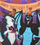  alfafilly balloon birthday birthday_hat birthday_whistle blazen_the_dragon blue_eyes dragon eyes_closed gift male nebs_the_sergal sergal smile 