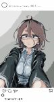  1girl ahoge brown_eyes brown_hair dagashi_kashi glasses highres jacket kotoyama looking_at_viewer medium_hair owari_hajime semi-rimless_eyewear solo 