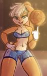  2019 5_fingers absurd_res anthro ball basketball_(ball) blonde_hair blue_eyes breasts buckteeth camel_toe cleavage clothed clothing digital_media_(artwork) dimwitdog female fingers gloves hair hand_on_hip handwear hi_res lagomorph leporid lola_bunny looking_at_viewer looney_tunes mammal open_mouth rabbit solo teeth warner_brothers 