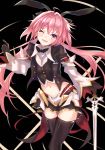  1boy astolfo_(fate) astolfo_(saber)_(fate) bangs black_bow black_gloves black_legwear black_ribbon blush bow bowtie fate/apocrypha fate/grand_order fate_(series) gloves hair_bow hair_intakes hair_ribbon highres long_hair long_sleeves looking_at_viewer multicolored_hair navel one_eye_closed open_clothes otoko_no_ko panipo2501 pink_hair purple_eyes ribbon smile solo streaked_hair thighhighs twintails white_hair 