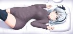  1girl bed_sheet black_hairband black_legwear blush breasts commentary green_eyes hairband hands_up highres konpaku_youmu konpaku_youmu_(ghost) long_sleeves looking_at_viewer lying medium_breasts nori_tamago on_back parted_lips pillow ribbed_sweater short_hair silver_hair solo sweater thighhighs touhou 