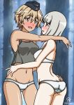  2girls absurdres ass bare_shoulders benji_29 blonde_hair blush bra brave_witches breasts brown_eyes butt_crack dark_skin dated edytha_rossmann eyebrows_visible_through_hair grey_tank_top groin hat highres hug large_breasts looking_at_another military_hat multiple_girls navel open_mouth panties shiny shiny_hair shiny_skin short_hair smile standing tank_top tears underwear waltrud_krupinski white_bra white_hair white_panties world_witches_series yuri 