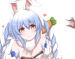  1girl :3 animal_ear_fluff animal_ears bangs bare_shoulders blue_hair blurry blurry_background breasts bunny_ears carrot_hair_ornament commentary detached_sleeves disco_brando eyebrows_visible_through_hair food_themed_hair_ornament fur_collar hair_between_eyes hair_ornament heart highres hololive long_hair looking_at_viewer medium_breasts multicolored_hair orange_eyes puffy_detached_sleeves puffy_sleeves simple_background smile solo streaked_hair symbol-shaped_pupils twitter_username two-tone_hair usada_pekora virtual_youtuber white_background white_hair 