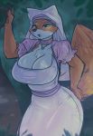  2019 absurd_res anthro big_breasts bodily_fluids breasts canid canine cleavage clothed clothing digital_media_(artwork) dimwitdog disney female fox hand_on_butt headdress hi_res huge_breasts jewelry maid_marian mammal necklace open_mouth robin_hood_(disney) solo sweat 