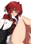  1girl ange_katrina blue_eyes commentary_request eyebrows_visible_through_hair hair_intakes hair_ornament hairclip highres long_hair looking_at_viewer nijisanji nuezou open_mouth red_hair simple_background sitting smile solo thick_thighs thighs white_background 