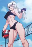 1girl abs ball beach_volleyball beckoning black_gloves black_swimsuit blue_eyes blue_sky breasts come_at_me_bro commentary dark_arts_kai day english_commentary eyepatch fingerless_gloves from_below gloves highres holding holding_ball large_breasts long_hair muscle muscular_female navel original outdoors ponytail shiny shiny_skin silver_hair sky solo summer swimsuit tankini valestina volleyball volleyball_net 