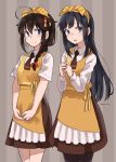  2girls alternate_costume apron asashio_(kantai_collection) black_hair blue_eyes blush bow braid brown_hair eyebrows_visible_through_hair hair_flaps hair_ornament hair_ribbon highres kantai_collection long_hair long_sleeves maid_apron multiple_girls necktie red_ribbon remodel_(kantai_collection) ribbon shigure_(kantai_collection) shirt short_sleeves sugue_tettou twitter_username two-tone_background white_shirt yellow_bow yellow_ribbon 