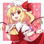  1girl back_bow blonde_hair bow commentary_request crystal fang flandre_scarlet frills hand_up hat hat_ribbon heart long_hair looking_at_viewer mob_cap open_mouth patterned_background pink_background puffy_short_sleeves puffy_sleeves red_eyes red_ribbon red_skirt red_vest ribbon rizento shirt short_sleeves side_ponytail skirt skirt_hold smile solo touhou upper_body vest white_bow white_headwear white_shirt wings wrist_cuffs yellow_neckwear 