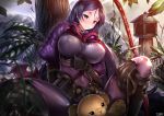  1girl arm_guards armor bangs black_gloves bodysuit breasts fate/grand_order fate_(series) fingerless_gloves gdat gloves japanese_armor kote large_breasts loincloth long_hair low-tied_long_hair minamoto_no_raikou_(fate/grand_order) outdoors parted_bangs purple_bodysuit purple_eyes purple_hair ribbed_sleeves rope sitting smile solo suneate tabard tree very_long_hair 