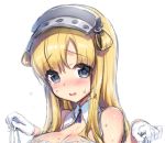  1girl blonde_hair blue_eyes breasts cargo_net commentary_request double_bun fletcher_(kantai_collection) gloves hairband hisasi kantai_collection large_breasts long_hair looking_at_viewer net open_mouth simple_background solo upper_body white_background white_gloves work_in_progress 