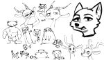  2019 ambiguous_gender antelope anthro antlers benjamin_(fuel) black_and_white bottomwear bovid canid canine cervid cheek_tuft chico_(fuel) clothed clothing english_text eyewear facial_markings facial_tuft fox fuel_(artist) gazelle glasses head_markings head_tuft hi_res horn male mammal markings mask_(marking) monochrome muscular muscular_male neck_tuft procyonid raccoon ringtail shirt shorts simple_background sketch_page solo t-shirt taylor_(fuel) text topless topwear tuft white_background 