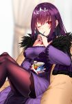  1girl absurdres bangs blush breasts cleavage dress fate/grand_order fate_(series) feather_trim food hair_between_eyes highres huge_filesize ice_cream ice_cream_spoon jun_(540000000000000) large_breasts long_hair looking_at_viewer one_eye_closed purple_dress purple_hair red_eyes scathach_(fate)_(all) scathach_skadi_(fate/grand_order) solo spoon tiara 
