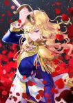  1girl androgynous bangs blue_eyes blurry closed_mouth comet_(teamon) epaulettes flower hair_between_eyes holding holding_weapon long_hair motion_blur oscar_francois_de_jarjayes petals pose red_flower red_rose rose rose_petals saber_(weapon) serious solo sword uniform versailles_no_bara wavy_hair weapon 