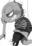  2016 ambiguous_gender anthro blush bodily_fluids bound clenched_teeth disembodied_hand doneru duo greyscale monochrome monster_kid reptile scalie sharp_teeth simple_background solo_focus sweat teeth undertale video_games white_background 