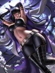  1girl animal_ears armpits arms_up ass_visible_through_thighs bangs belt black_choker black_gloves black_hair blake_belladonna boots breasts breasts_apart broken_moon bustier cat_ears choker closed_mouth coat elbow_gloves gloves highres liang_xing lips long_hair looking_at_viewer medium_breasts midriff moon navel night open_clothes open_coat pants rwby signature solo thigh_boots thighhighs tight tight_pants watermark web_address yellow_eyes zipper zipper_pull_tab 