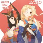  2020 2girls animal_ear_fluff animal_ears azur_lane bangs bare_shoulders black_hair blonde_hair blunt_bangs breasts bridal_gauntlets brown_eyes cleveland_(azur_lane) flower fox_ears hair_flower hair_ornament happy_new_year headdress japanese_clothes kimono long_hair looking_at_viewer medium_breasts multiple_girls nagato_(azur_lane) natsumoka new_year obi one_eye_closed red_eyes sash smile two-tone_background 