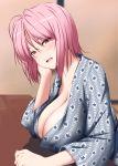  1girl :d bangs blurry blurry_background blush breast_rest breasts chin_rest cleavage collarbone commentary eyebrows_visible_through_hair eyes_visible_through_hair highres indoors japanese_clothes kimono large_breasts looking_at_viewer naughty_face nori_tamago open_mouth pink_hair print_kimono red_eyes saigyouji_yuyuko smile solo touhou 