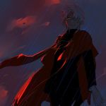  1boy amakusa_shirou_(fate) cape cloud cloudy_sky cross cross_necklace dark_skin earrings fate/apocrypha fate_(series) fmc_(f3m5) glowing glowing_eyes high_contrast jewelry male_focus necklace rain red_eyes sky solo stole white_hair 