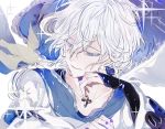  1boy bangs bird blue_eyes braid gloves granblue_fantasy hair_between_eyes hood jacket jewelry long_hair male_focus noa_(granblue_fantasy) pale_skin silver_hair single_braid smile solo suou 