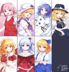  6+girls :d absurdres alice_margatroid alice_margatroid_(pc-98) apron black_dress black_headwear blonde_hair blue_eyes blue_hair blue_hairband bow closed_mouth column_lineup dress gradient gradient_background hair_bow hairband hat hat_ribbon highres long_hair looking_at_viewer luize mai_(touhou) maid maid_headdress multiple_girls mystic_square one_eye_closed open_mouth petals pink_eyes pink_hair puffy_short_sleeves puffy_sleeves purple_sailor_collar red_dress ribbon sailor_collar sara_(touhou) shinki short_hair short_sleeves side_ponytail simple_background skirt smile soooooook2 suspender_skirt suspenders touhou touhou_(pc-98) turtleneck white_bow white_dress white_headwear yellow_eyes yuki_(touhou) yumeko 