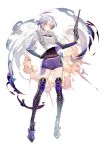  1girl boots contender_(girls_frontline) girls_frontline gloves gun hand_on_hip happytreefriendspikapika high_heel_boots high_heels highres navel purple_eyes purple_hair purple_shorts short_hair shorts silver_hair skin_tight smile weapon white_gloves 