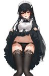  1girl alternate_costume apron ass_visible_through_thighs bangs black_eyes black_hair black_legwear black_panties blush breasts commentary_request dress dress_lift enmaided eyebrows_visible_through_hair eyelashes fingernails frilled_apron frills groin hair_between_eyes half-closed_eyes highres juliet_sleeves knees_together_feet_apart lace lace-trimmed_legwear lace-trimmed_panties legs long_dress long_hair long_legs long_sleeves looking_at_viewer maid maid_apron medium_breasts navel open_mouth original panties puffy_sleeves sidelocks simple_background skirt skirt_lift solo standing stomach thighhighs uhhgaoh underwear very_long_hair waist_apron white_apron white_background 