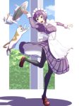  1girl absurdres bernadetta_von_varley black_legwear cat cup earrings fire_emblem fire_emblem:_three_houses grey_eyes gzo1206 highres jewelry long_sleeves maid maid_headdress open_mouth plate purple_hair shoes teacup teapot tray 