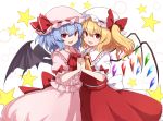  2girls back_bow bat_wings blonde_hair blue_hair bow commentary_request crystal eyebrows_visible_through_hair fang flandre_scarlet frills hat hat_ribbon holding_hands interlocked_fingers looking_at_viewer medium_hair mob_cap multiple_girls open_mouth pink_headwear pink_shirt pink_skirt puffy_short_sleeves puffy_sleeves red_bow red_eyes red_neckwear red_ribbon red_skirt red_vest remilia_scarlet ribbon rizento shirt short_sleeves siblings side_ponytail sisters skirt smile star touhou upper_body vest white_background white_bow white_headwear white_shirt wings yellow_neckwear 