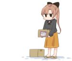  1girl akigumo_(kantai_collection) black_sweater box brown_hair cardboard_box commentary_request full_body hair_ribbon inishie kantai_collection long_hair orange_skirt ponytail ribbon sandals simple_background skirt solid_oval_eyes solo standing sweater white_background 