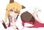  1girl alternate_costume animal_ears brown_hair commentary_request extra_ears eyebrows_visible_through_hair ezo_red_fox_(kemono_friends) feet_up fox_ears fox_girl fox_tail hakama head_on_hand ilyfon133 japanese_clothes kemono_friends kemono_friends_3 long_hair looking_at_viewer lying miko multicolored_hair nintendo_switch on_stomach orange_eyes orange_hair shirt socks solo tail white_legwear white_shirt 