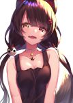  1girl :d absurdres animal_ears bangs bare_shoulders bell bell_choker black_hair breasts cat_ears cat_hair_ornament choker cleavage collarbone commentary_request eyebrows_visible_through_hair eyelashes fang hair_ornament heterochromia highres inui_toko jingle_bell long_hair looking_at_viewer low_twintails medium_breasts nijisanji open_mouth origami red_eyes sleeveless smile solo tank_top twintails upper_body very_long_hair virtual_youtuber white_choker yellow_eyes yuuki_nao_(pixiv10696483) 
