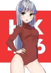  1girl alternate_costume bangs cowboy_shot cross_hair_ornament eyebrows_visible_through_hair facial_mark girls_frontline green_eyes hair_ornament hand_on_hip highres hk416_(girls_frontline) kodama_(koda_mat) leotard long_hair open_mouth red_leotard red_sweater silver_hair solo sweater teardrop turtleneck_leotard uniqlo 